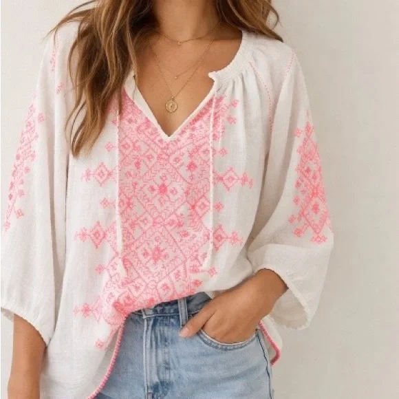 Maeve Anthropologie Sz 12 White Linen Boho Embroidered Blouse Pink Stitch - Picture 1 of 15